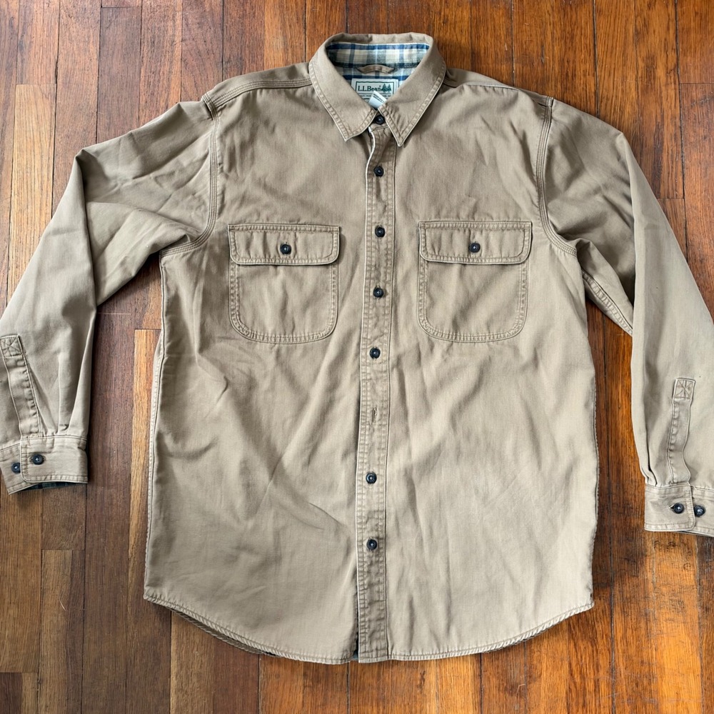 LL Bean Mens Medium Flannel Lined Canvas Shirt Jacket Khaki Tan Workwear Shacket